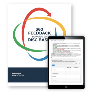 360 Feedback powered by DISC Basic Product Image includes report cover and tablet displaying the online assessment