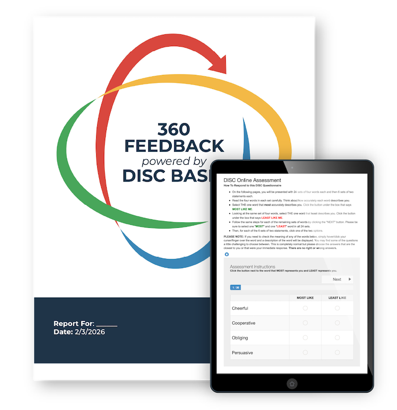 360 Feedback powered by DISC Basic Product Image includes report cover and tablet displaying the online assessment