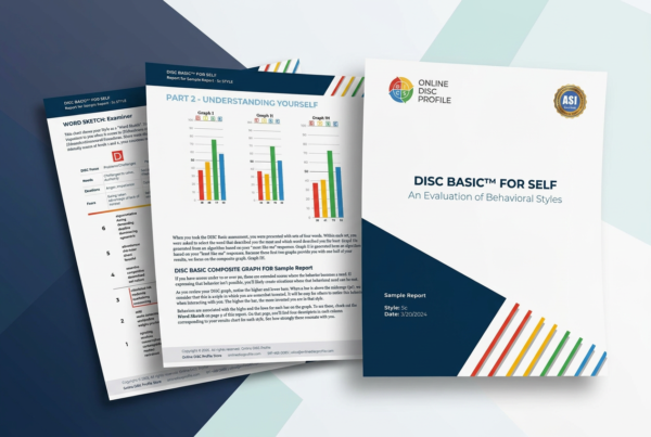 Image shows pages from the DISC Basic report and the cover of a sample report on a dark blue and white background.
