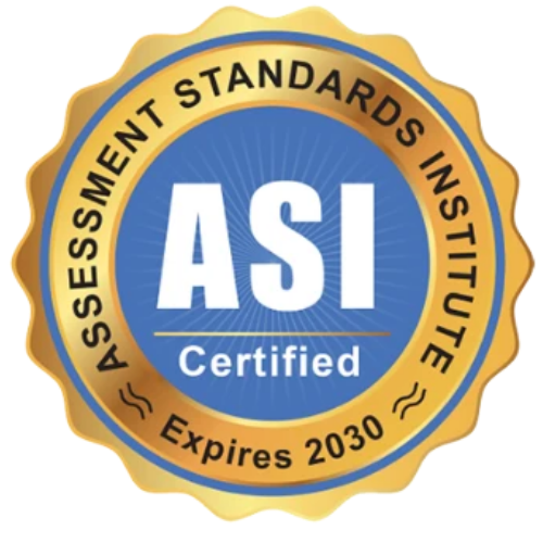 Image shows the Assessments Standards Institute badge with an expiration date of 2030