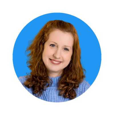 Image shows a picture of Kristin Emerson with a light blue background.