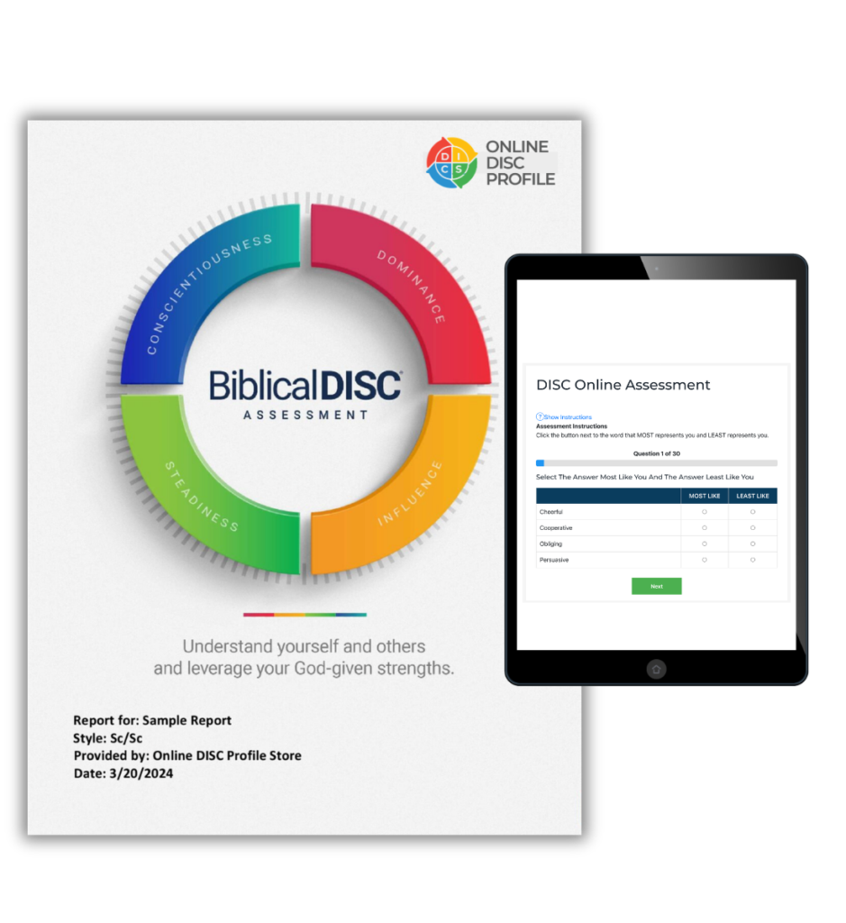 Image shows a Biblical DISC report cover with an iPad on the DISC assessment screen showing word choices to a user taking a DISC profile.