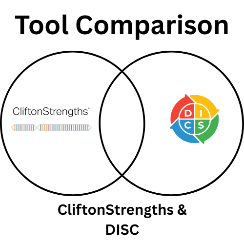 Image shows a Venn diagram with CliftonStrengths logo and graphic on the left and the Online DISC Profile DISC logo on the right.