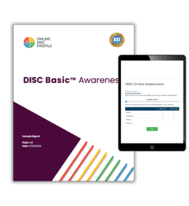 Image shows a report cover of the DISC Basic Awareness report and an iPad with the DISC Awareness assessment
