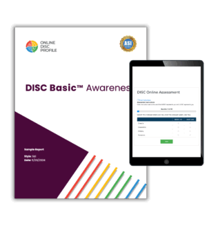 Image shows a report cover of the DISC Basic Awareness report and an iPad with the DISC Awareness assessment