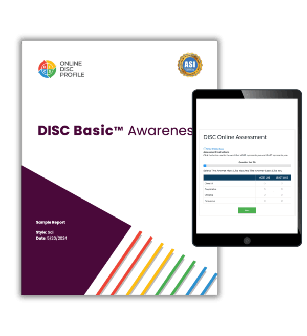 Image shows a report cover of the DISC Basic Awareness report and an iPad with the DISC Awareness assessment