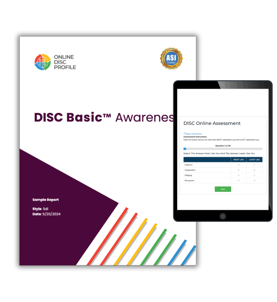 Image shows a report cover of the DISC Basic Awareness report and an iPad with the DISC Awareness assessment