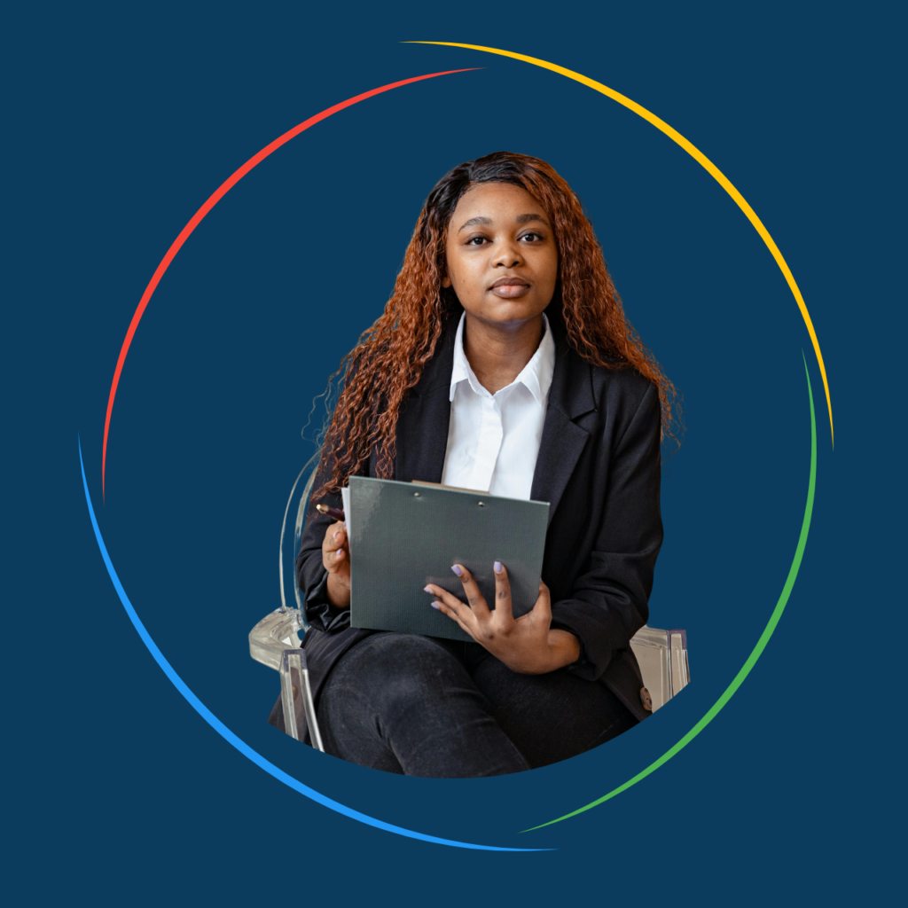 Image shows a woman with the DISC Colors (Red, Yellow, Green, Blue) around her