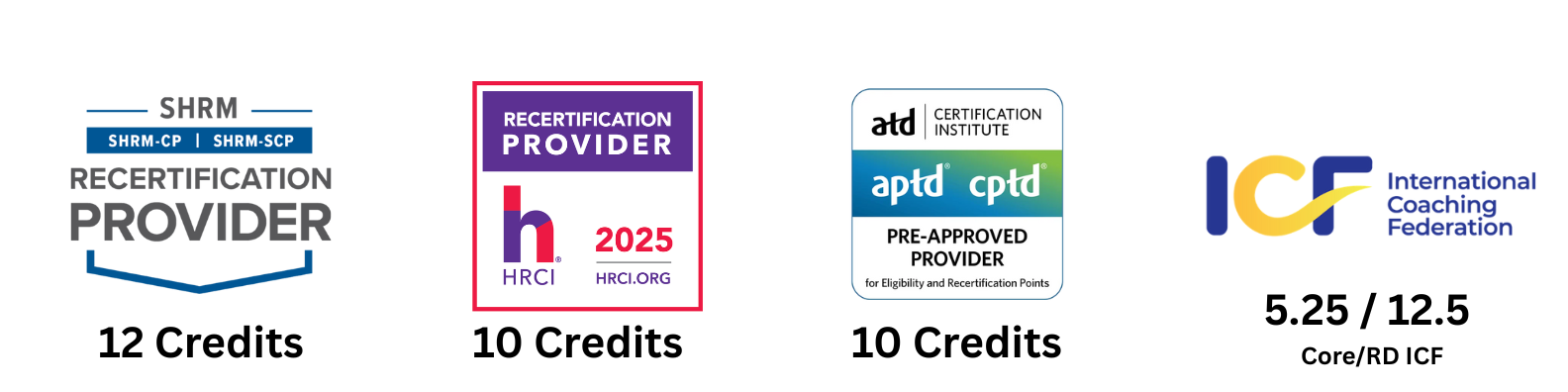 Image shows logos for SHRM, HRCI, ATD, and ICF for rectification credits for professional accreditations.