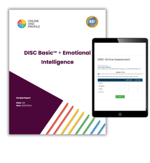 Image shows the DISC Basic + Emotional Intelligence( EQ) cover page along with an iPad on the DISC assessment screen.