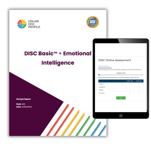Image shows the DISC Basic + Emotional Intelligence( EQ) cover page along with an iPad on the DISC assessment screen.