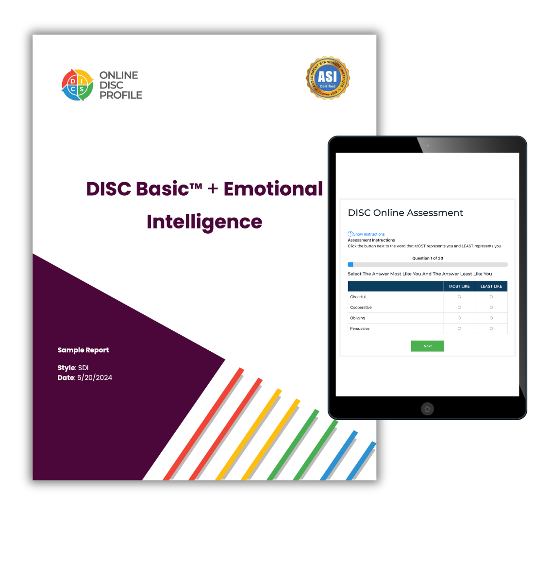 Image shows the DISC Basic + Emotional Intelligence( EQ) cover page along with an iPad on the DISC assessment screen.