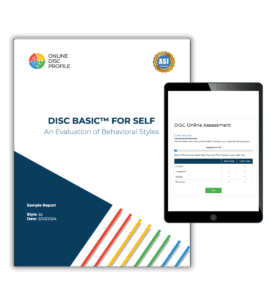 Image shows a report cover of the DISC Basic Full report and an iPad with the DISC Basic Full Report assessment