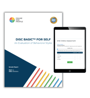 Image shows a report cover of the DISC Basic Full report and an iPad with the DISC Basic Full Report assessment