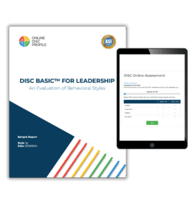 Image shows a report cover of the DISC Basic Leadership report and an iPad with the DISC Leadership assessment