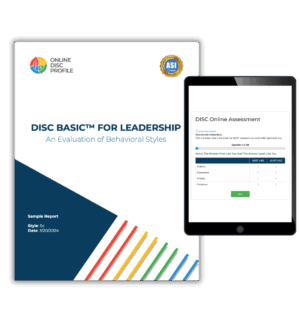 Image shows a report cover of the DISC Basic Leadership report and an iPad with the DISC Leadership assessment