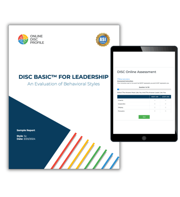 Image shows a report cover of the DISC Basic Leadership report and an iPad with the DISC Leadership assessment