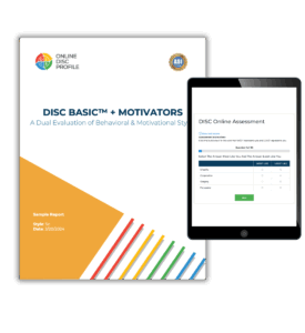 Image shows a report cover of the DISC Basic and Motivators report and an iPad with the DISC Basic and Motivators assessment