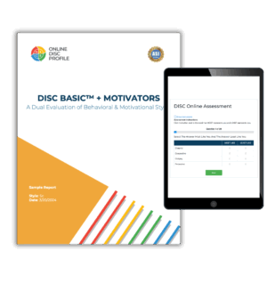 Image shows a report cover of the DISC Basic and Motivators report and an iPad with the DISC Basic and Motivators assessment
