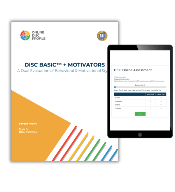 Image shows a report cover of the DISC Basic and Motivators report and an iPad with the DISC Basic and Motivators assessment