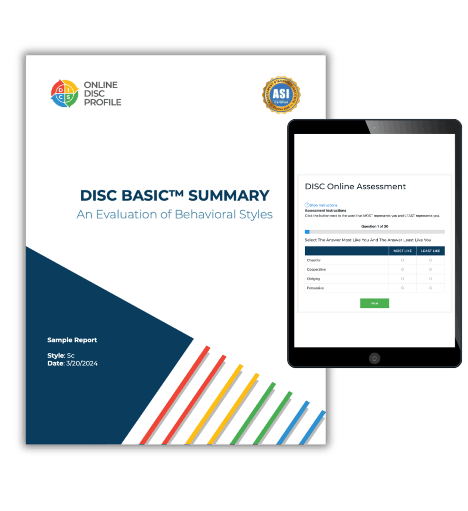 Image shows a report cover of the DISC Basic Summary report and an iPad with the DISC Summary assessment