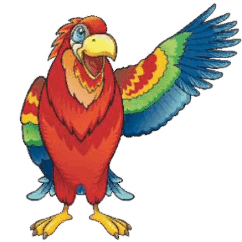 Image shows a picture of a colorful parrot standing up with its left wing held out. The parrot has a red chest with red, yellow, green and blue feathers on it's wings.