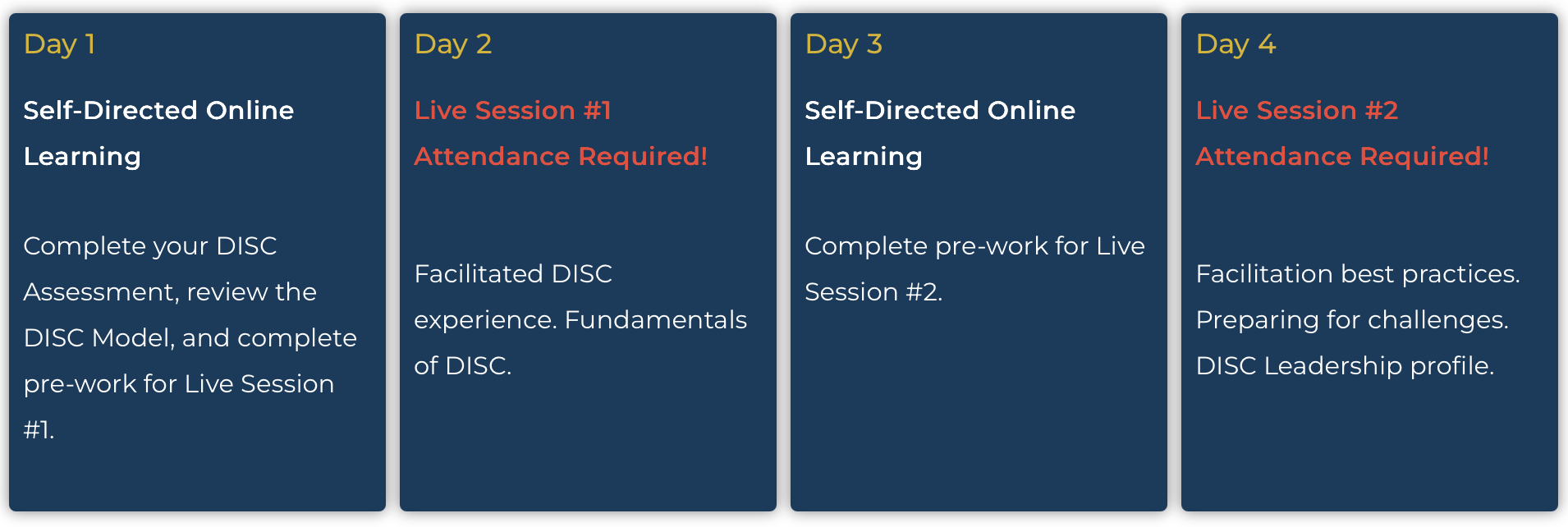 Image shows the course breakout for DISC Certification, Week one.