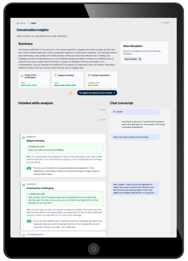 Image shows an iPad with a text transcript and report of a simulated conversation where a person was practicing how to help someone turn big ideas into clear direction.