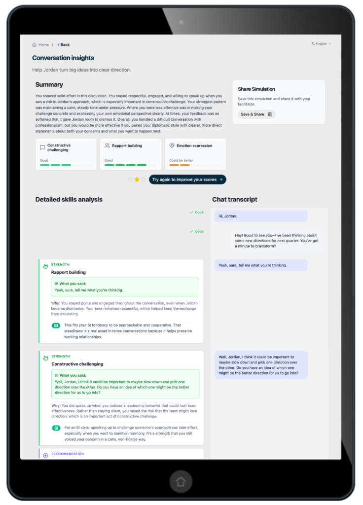Image shows an iPad with a text transcript and report of a simulated conversation where a person was practicing how to help someone turn big ideas into clear direction.