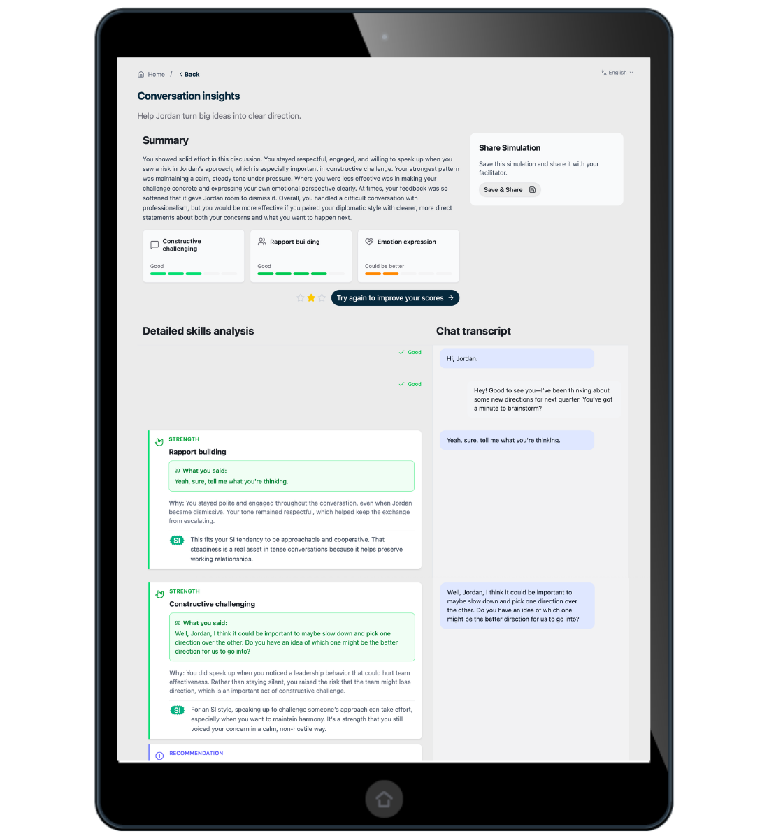 Image shows an iPad with a text transcript and report of a simulated conversation where a person was practicing how to help someone turn big ideas into clear direction.