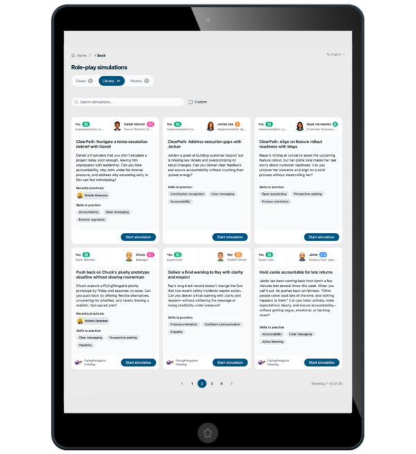 Image shows an iPad on a screen where you can choose different DISC simulations to practice difficult conversations.