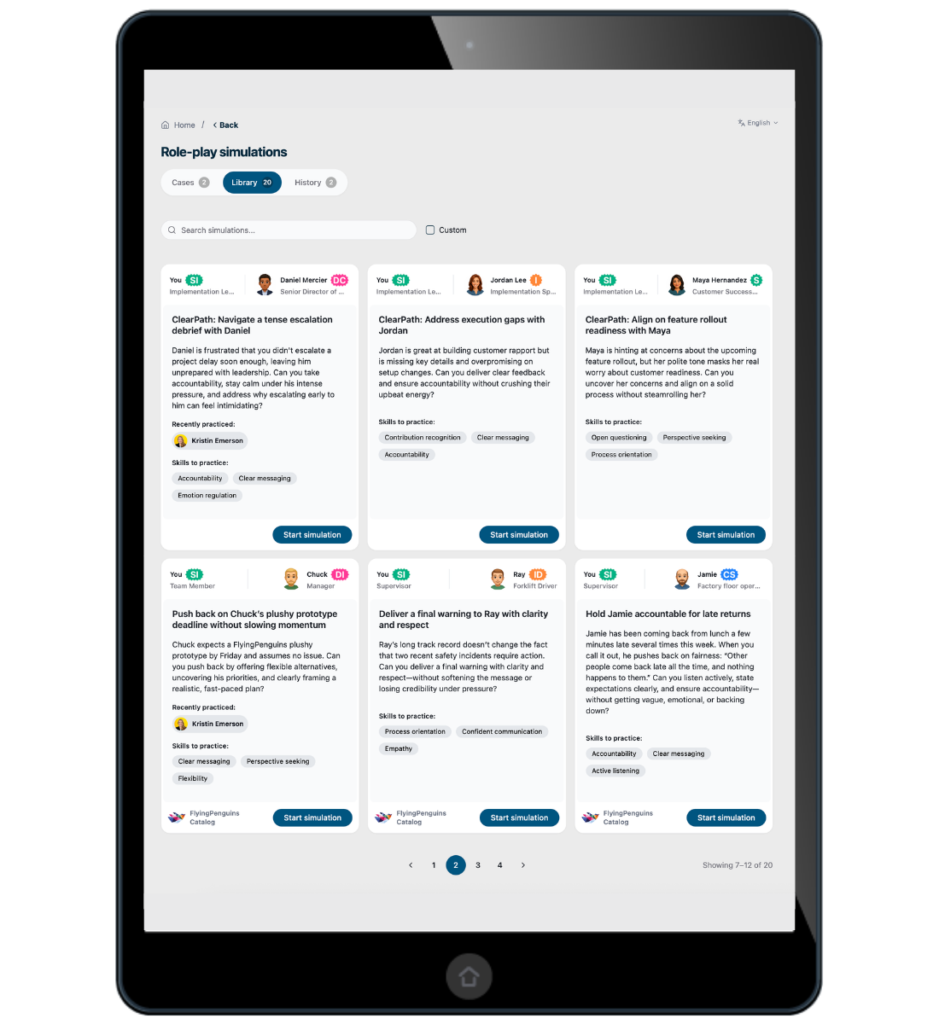 Image shows an iPad on a screen where you can choose different DISC simulations to practice difficult conversations.