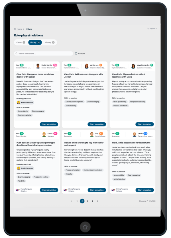 Image shows an iPad on a screen where you can choose different DISC simulations to practice difficult conversations.