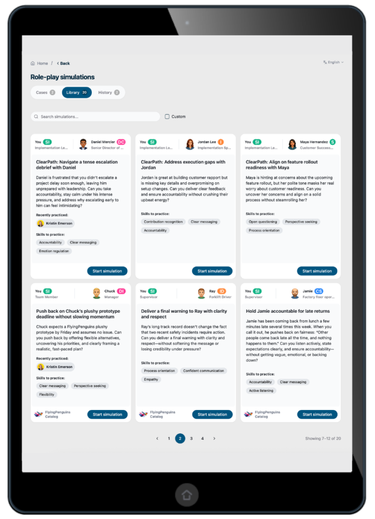 Image shows an iPad on a screen where you can choose different DISC simulations to practice difficult conversations.