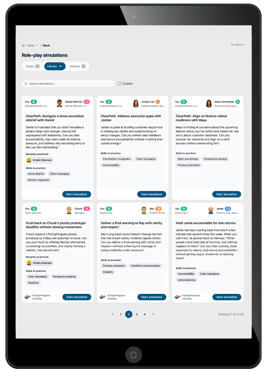 Image shows an iPad on a screen where you can choose different DISC simulations to practice difficult conversations.