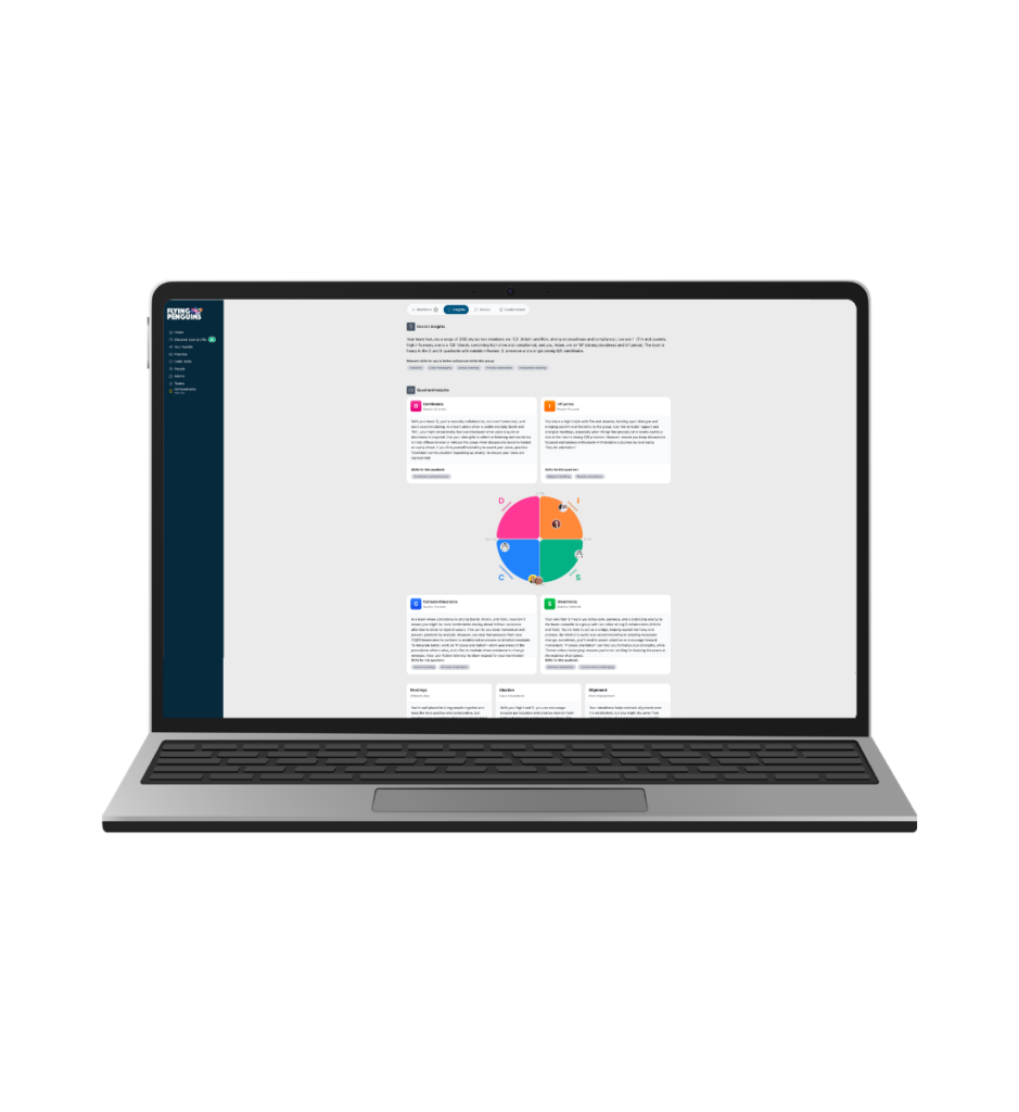Image shows a laptop with a screen of a DISC learning platform that shows the DISC map with insights about a sample group and their DISC Profiles.