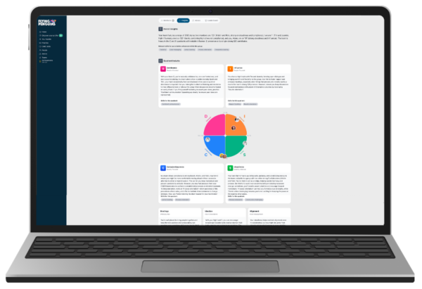 Image shows a laptop with a screen of a DISC learning platform that shows the DISC map with insights about a sample group and their DISC Profiles.