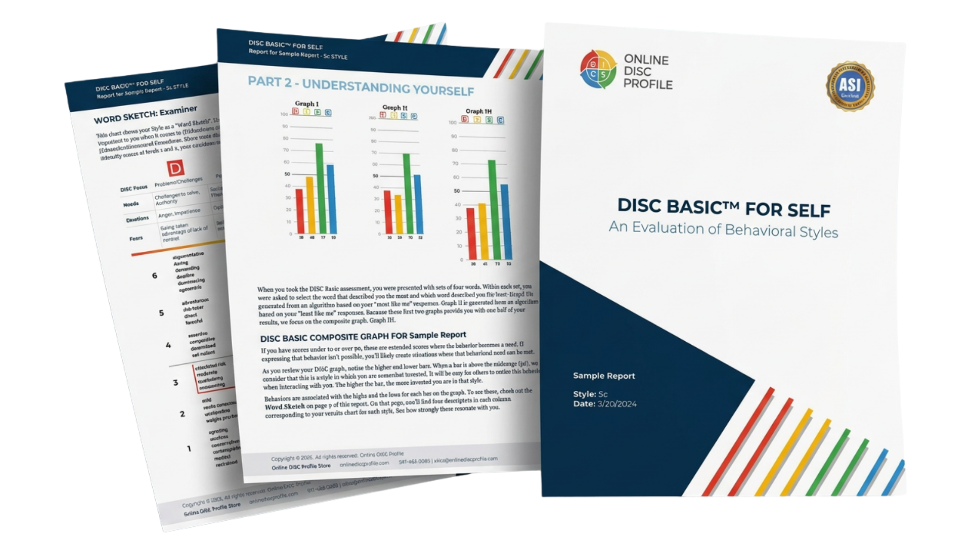 Image shows pages from the DISC Basic report and the cover of a sample report on a dark blue and white background.