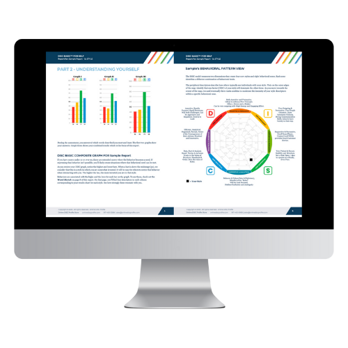 Image shows a computer screen with an open copy of a DISC Profile report. The report shows a person's DISC graph and their placement on a DISC circle graph.