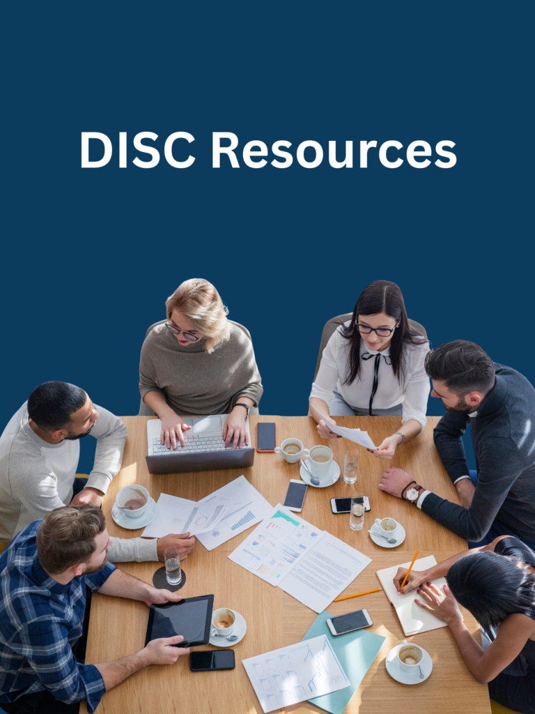 Image shows a group of people sitting around a table with a title of 'DISC resources'