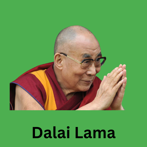 Image shows a picture of the Dalai Lama wearing glasses and bowing. His picture is on a green background with the title 'Dalai Lama' below his image.