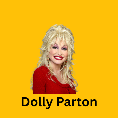 Headshot of Dolly Parton on yellow background wearing a red top. Beneath her headshot is her name "Dolly Parton" in bold face font.