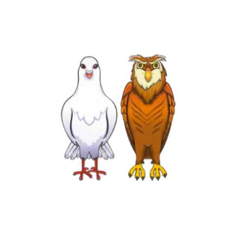 Image shows a Dove and a Owl standing side by side.
