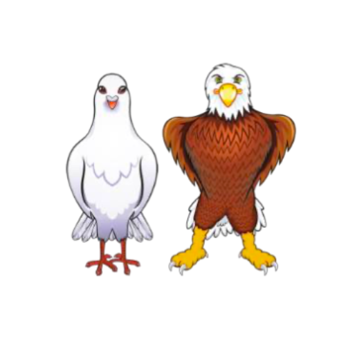Image shows a picture of a Dove on the left and an Eagle on the right. The dove is white in color with orange feet. The Eagle has a white head, brown body, and yellow feet.
