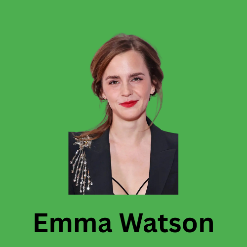 The image shows a photo of Emma Watson on a green background.