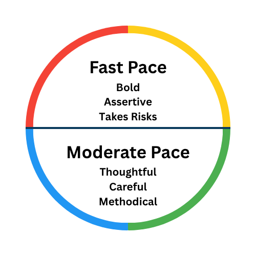 Image shows a circle with distinct colors (red, yellow, green, blue). The circle is divided into two halves (top and bottom). At the top half are the words Fast Pace, Bold, assertive, Takes risks. At the bottom half are the words moderate pace, thoughtful, careful, methodical.
