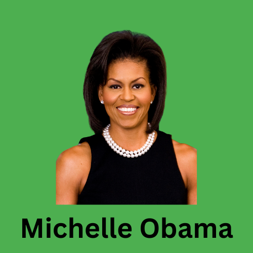 Image shows a picture of Michelle Obama in her official portrait as First Lady of the United States. Her image is on a green background with the title 'Michelle Obama' below her image.