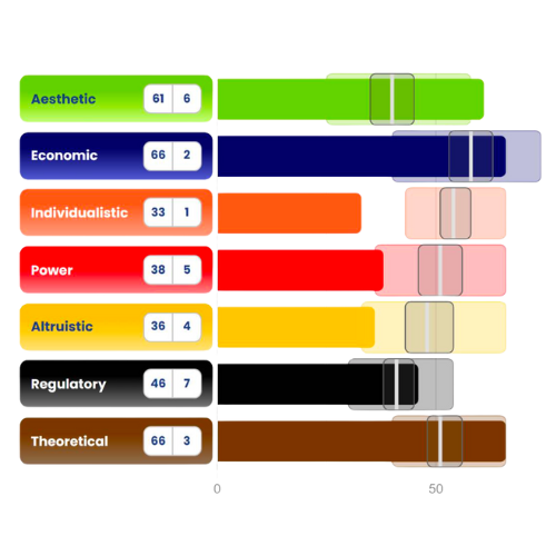 Image shows a series of 7 graphs that indicate level of alignment. The graphs included are for the 7 motivational styles (Aesthetic, economic, individualistic, power, altruistic, regulatory, theoretical).