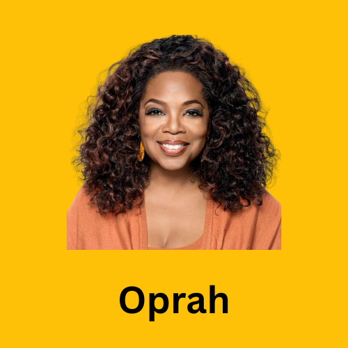 Headshot of Oprah wearing an orange top on a yellow background with her name "Oprah" in bold font below her photo.