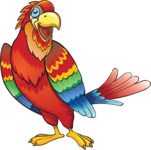 A rainbow colored cartoon parrot stands looking ahead with its beak open in a smile.